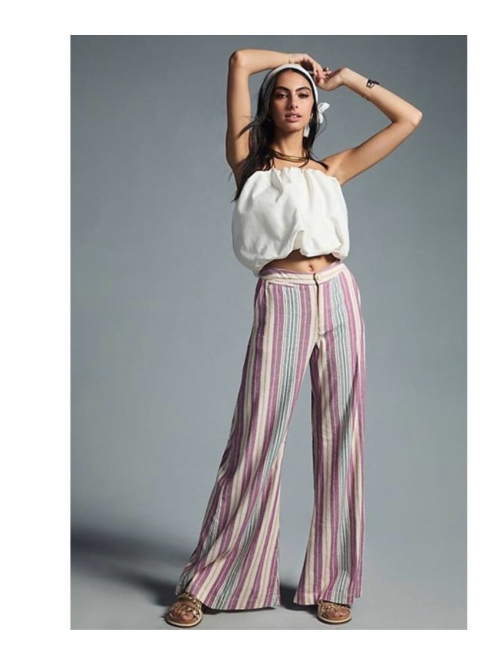 By Anthropologie Low-Rise Flare Pants Linen Purple Blue Ivory Stripes Size 00